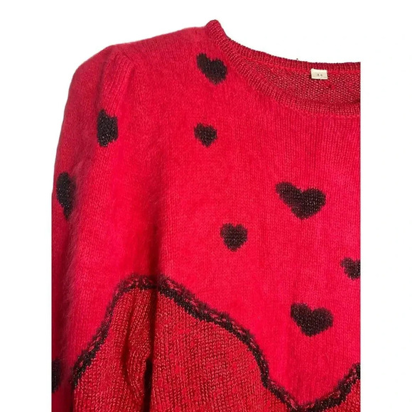 Red Black Heart Pattern Soft Pullover Shoulder Pad Sweater Women's Size 44 - Picture 3 of 5